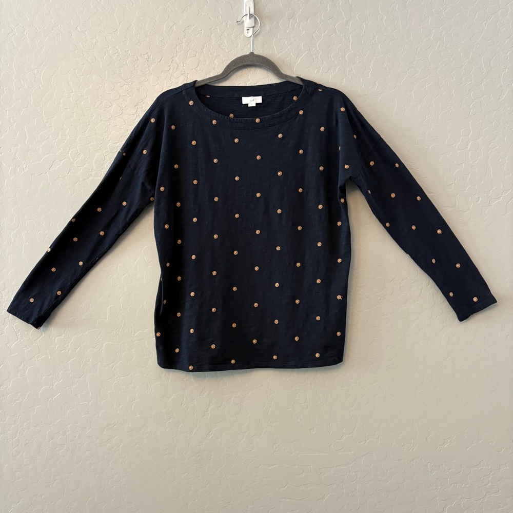 J. Jill navy blue long sleeve t-shirt with brown embroidered polka dots small